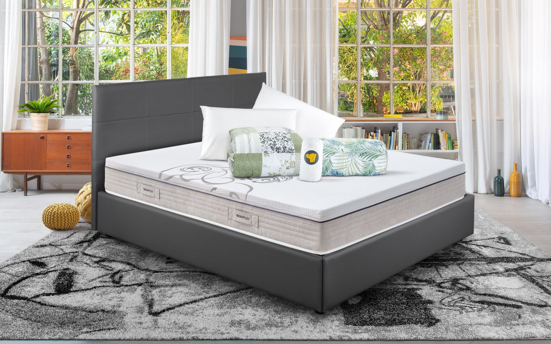 Eminflex Materassi Diamond matrimoniale in offerta con letto contenitore Anna grigio chiuso e kit notte