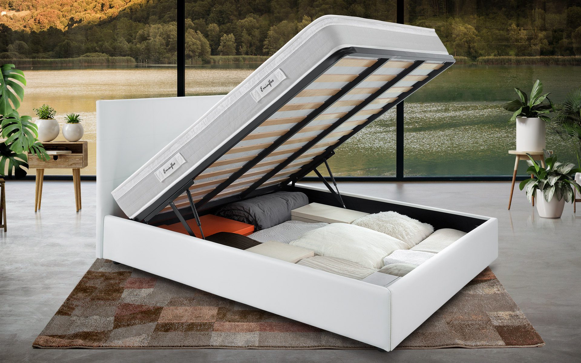 Eminflex Materassi Experia matrimoniale offerta con letto contenitore Anna bianco aperto