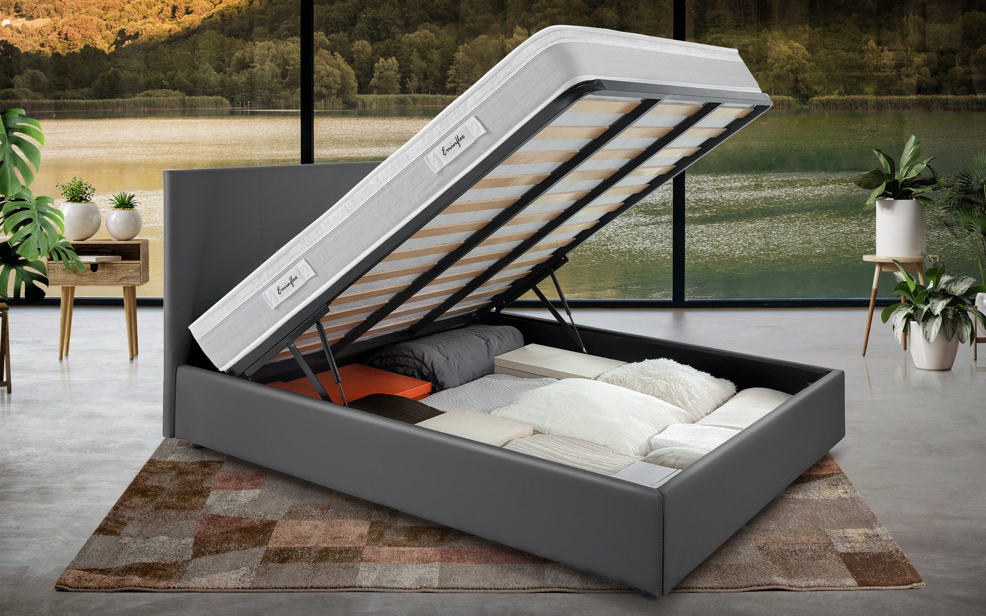 Eminflex Materassi Experia matrimoniale offerta con letto contenitore Anna grigio aperto