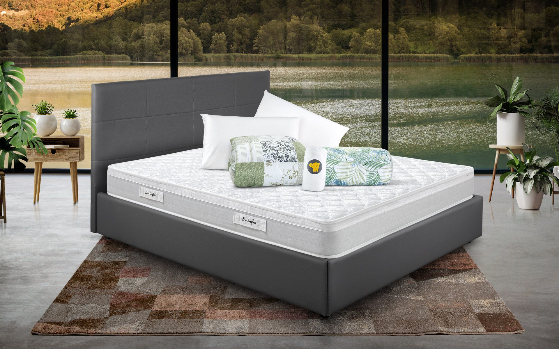 Eminflex Materassi Experia matrimoniale offerta con letto contenitore Anna grigio chiuso e kit notte