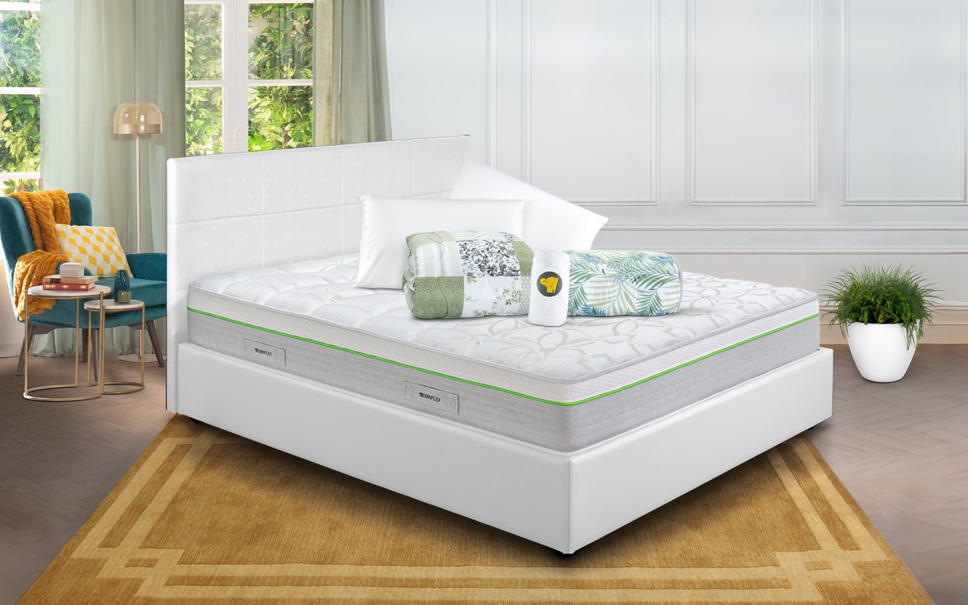 Eminflex Materassi Green matrimoniale in offerta con letto contenitore Anna bianco chiuso e kit notte