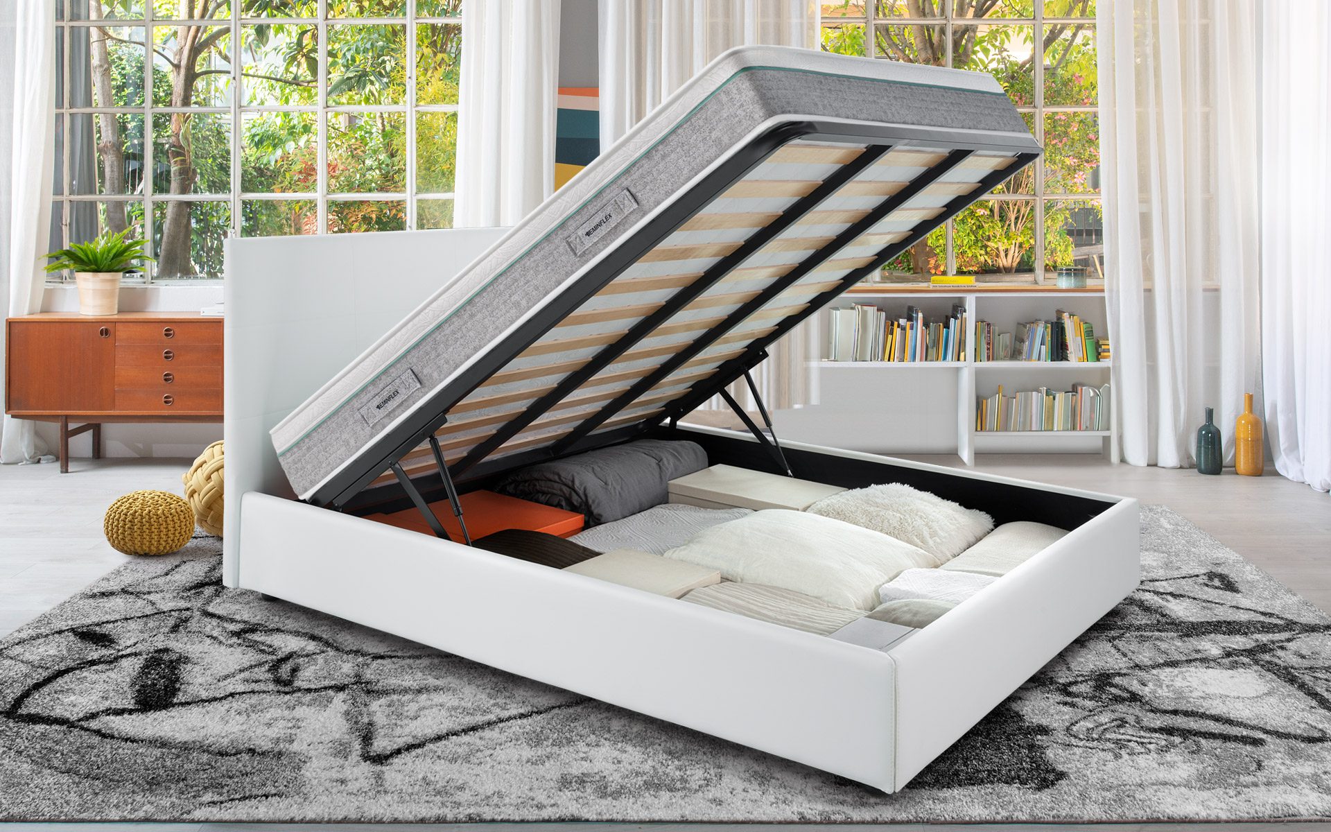 Eminflex Materassi Performa matrimoniale offerta con letto contenitore Anna bianco aperto