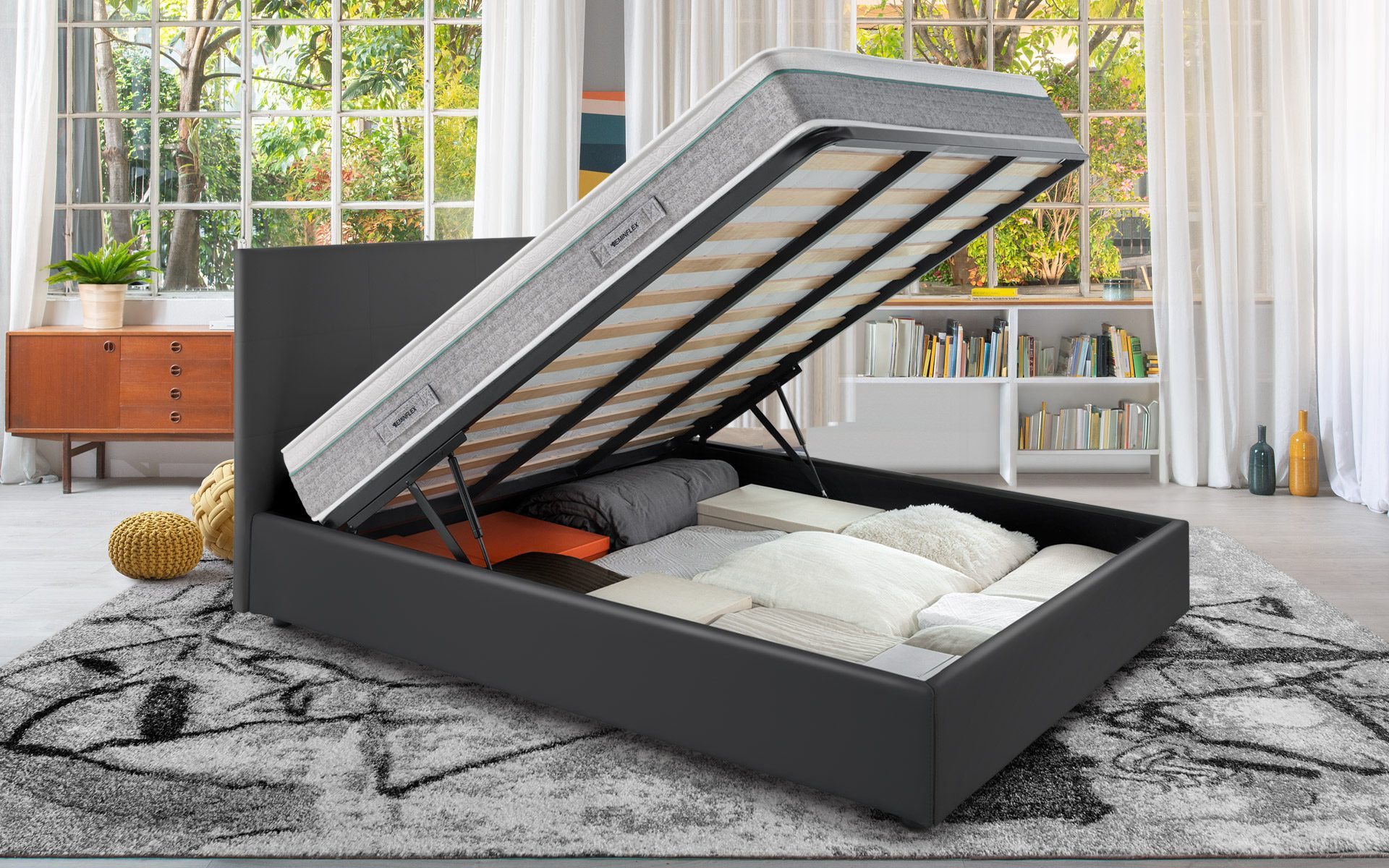 Eminflex Materassi Performa matrimoniale offerta con letto contenitore Anna grigio aperto