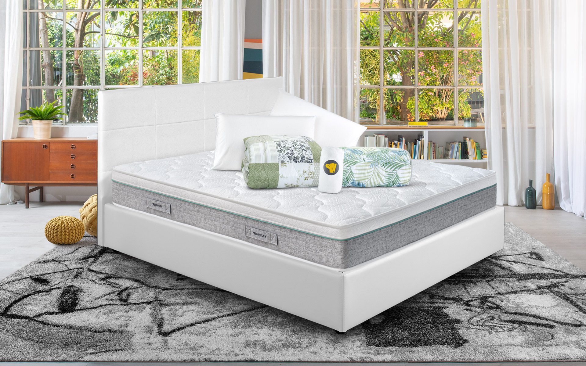 Eminflex Materassi Performa matrimoniale offerta con letto contenitore Anna bianco chiuso e kit notte