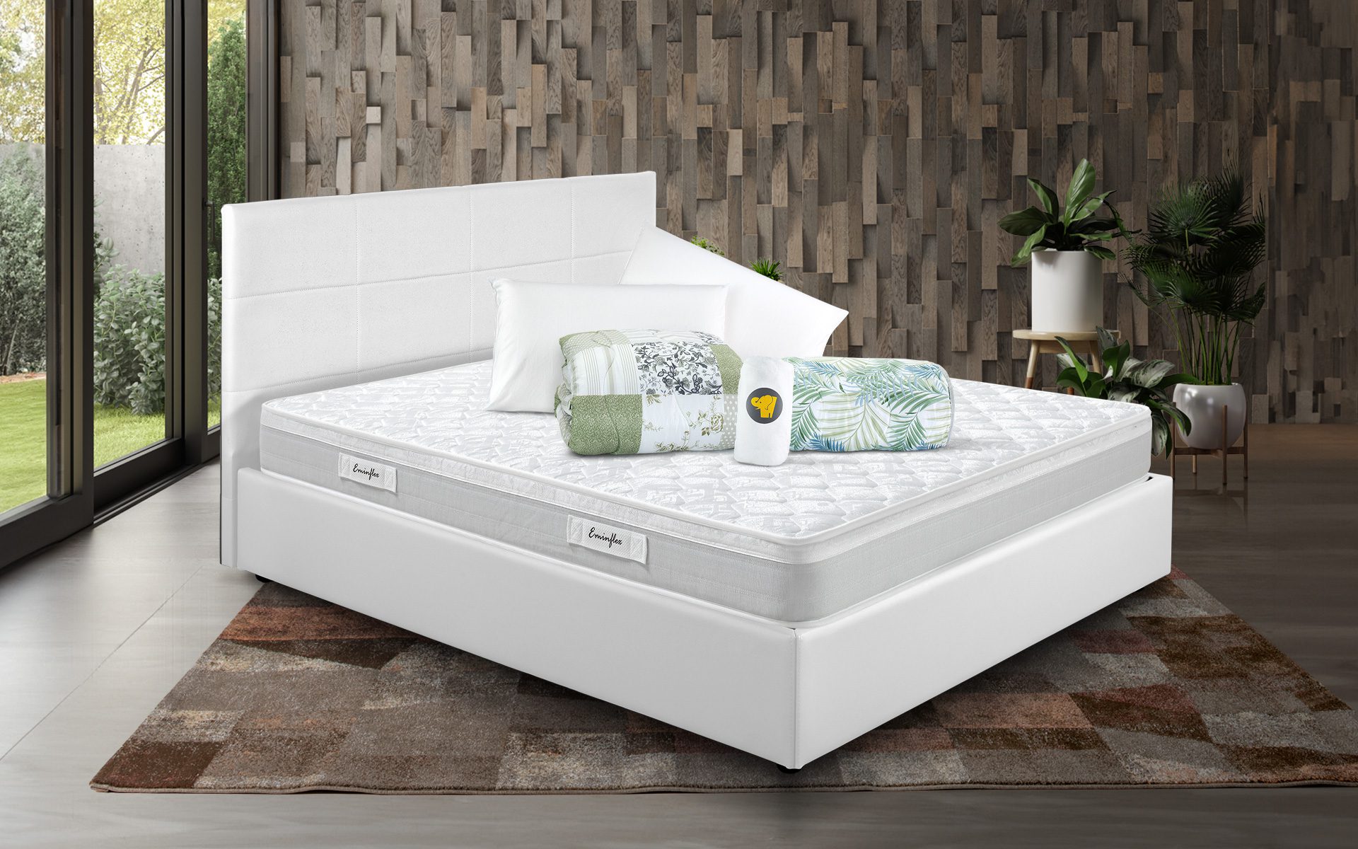 Eminflex Materassi Romeo matrimoniale offerta con letto contenitore Anna bianco chiuso e kit notte