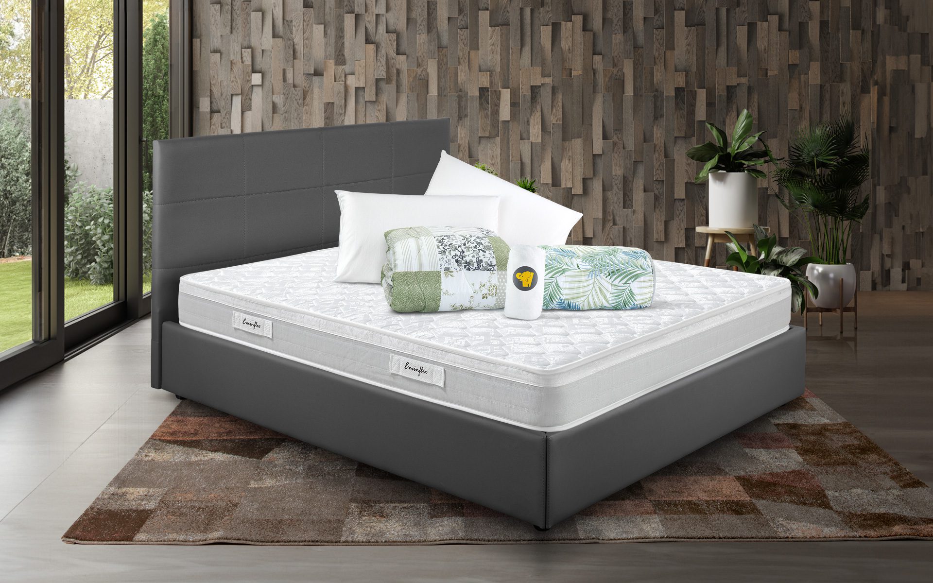 Eminflex Materassi Romeo matrimoniale offerta con letto contenitore Anna grigio chiuso e kit notte