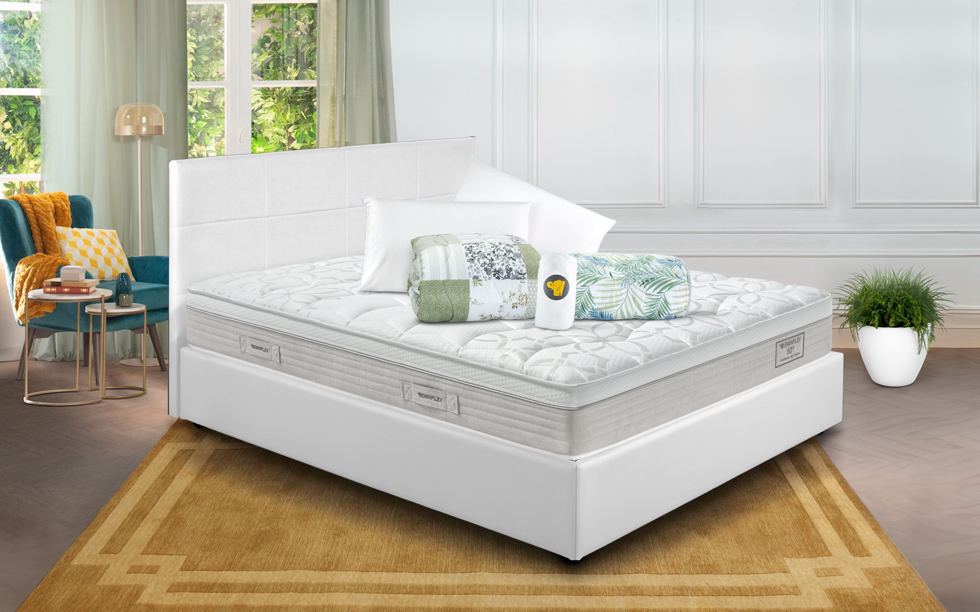 Eminflex Materassi Supremo matrimoniale offerta con letto contenitore Anna bianco chiuso e kit notte