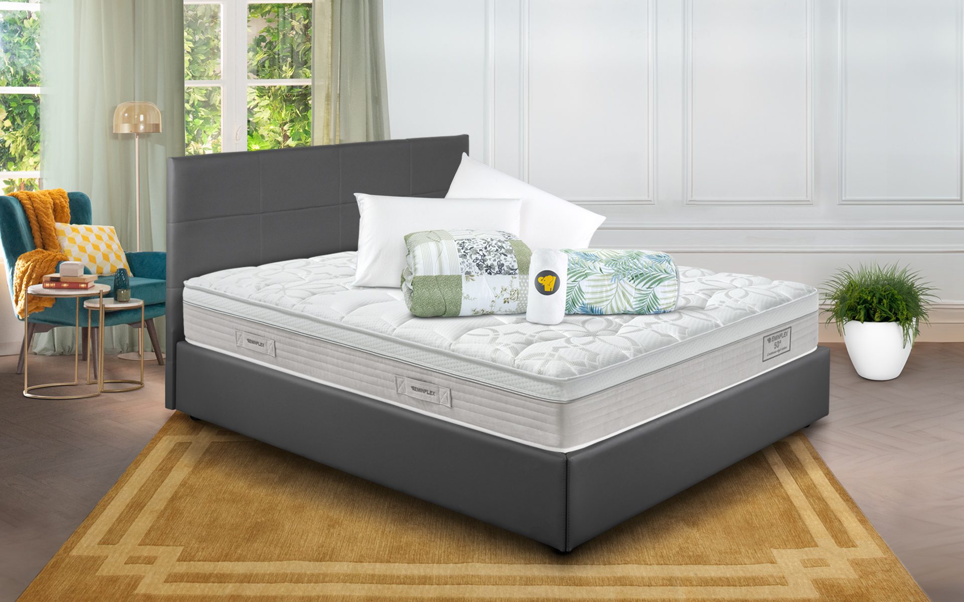 Eminflex Materassi Supremo matrimoniale offerta con letto contenitore Anna grigio chiuso e kit notte